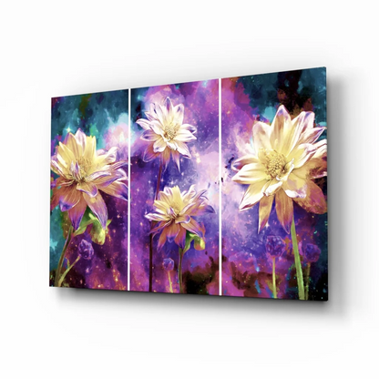 Cosmic Flower Triptych Canvas Wall Art in Purple and Yellow | Insigneart USA | vintageantiquesgifts.com