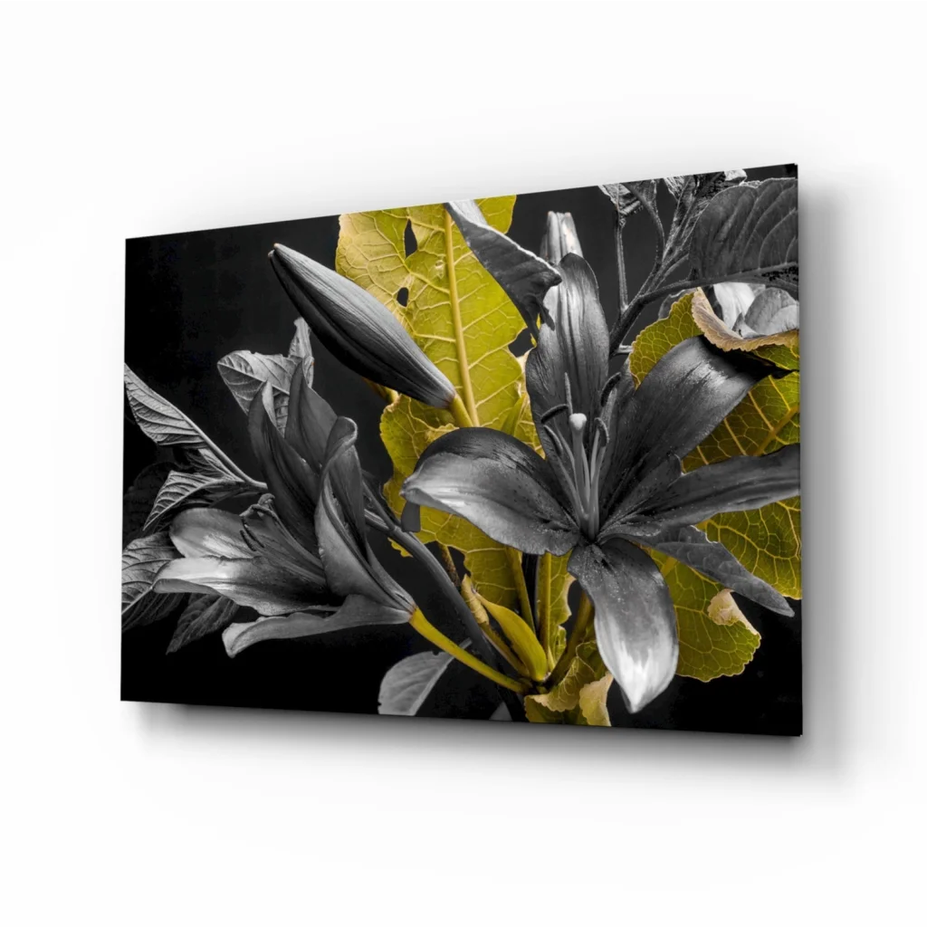 Stunning Black Yellow Lily Canvas Wall Art with Silver Accents | Insigneart USA | vintageantiquesgifts.com