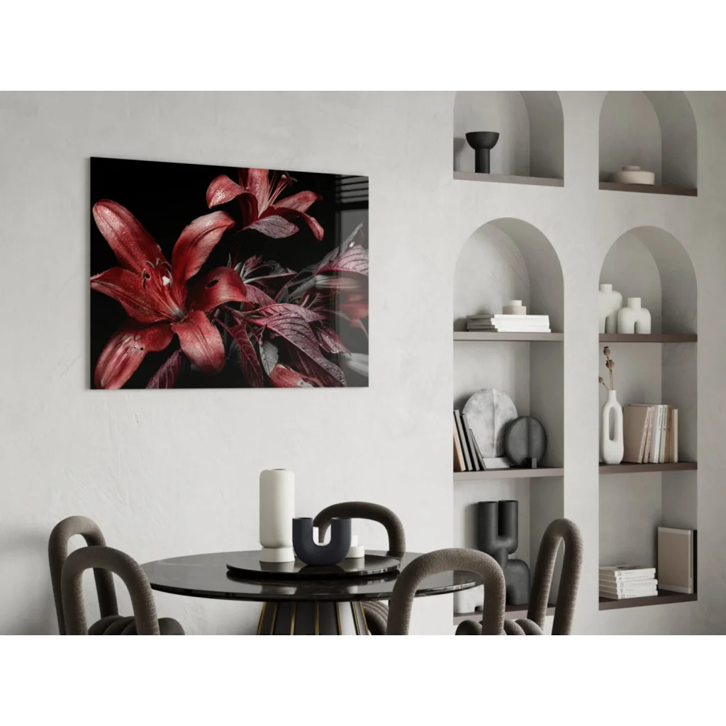 Stunning red lily glass wall art on black canvas with glossy petals