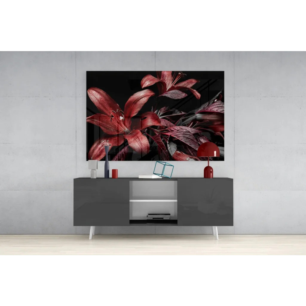 Stunning red lily glass wall art on black canvas with glossy petals