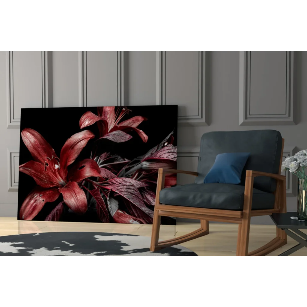 Stunning red lily glass wall art on black canvas with glossy petals