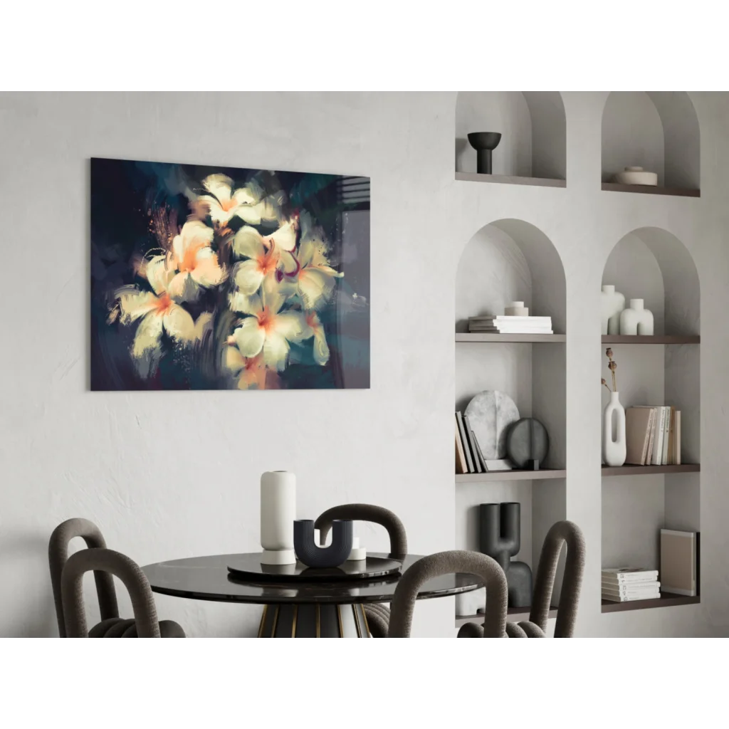 Modern peach blossom wall art canvas with soft white flowers on navy textured background