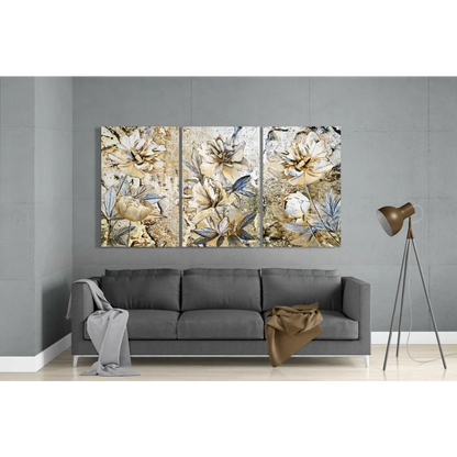 Beige and gold peony wall art triptych with textured details