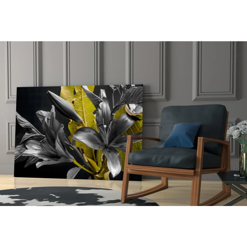Stunning black yellow lily wall art canvas with silver accents