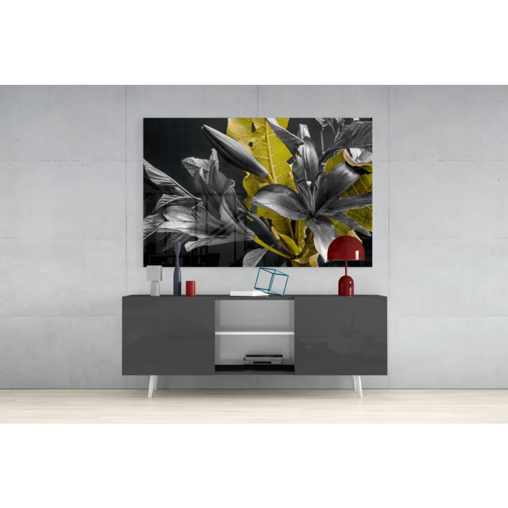 Stunning black yellow lily canvas wall art with silver accents