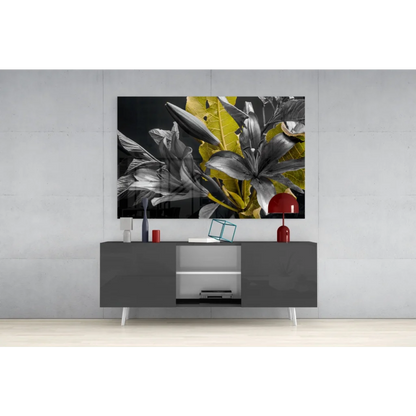 Stunning black yellow lily canvas wall art with silver accents