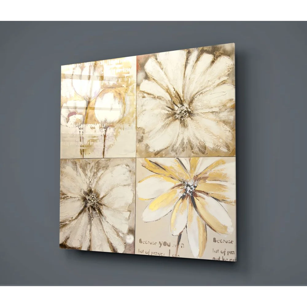 Stunning beige floral tempered glass art with gold accents