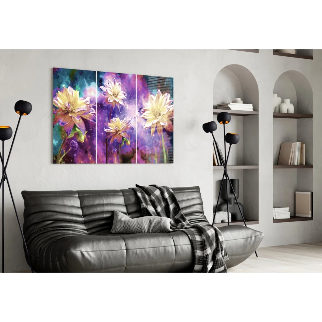 Cosmic Flower Triptych Canvas Wall Art in Purple and Yellow | Contemporary Home Wall Art | vintageantiquesgifts.com