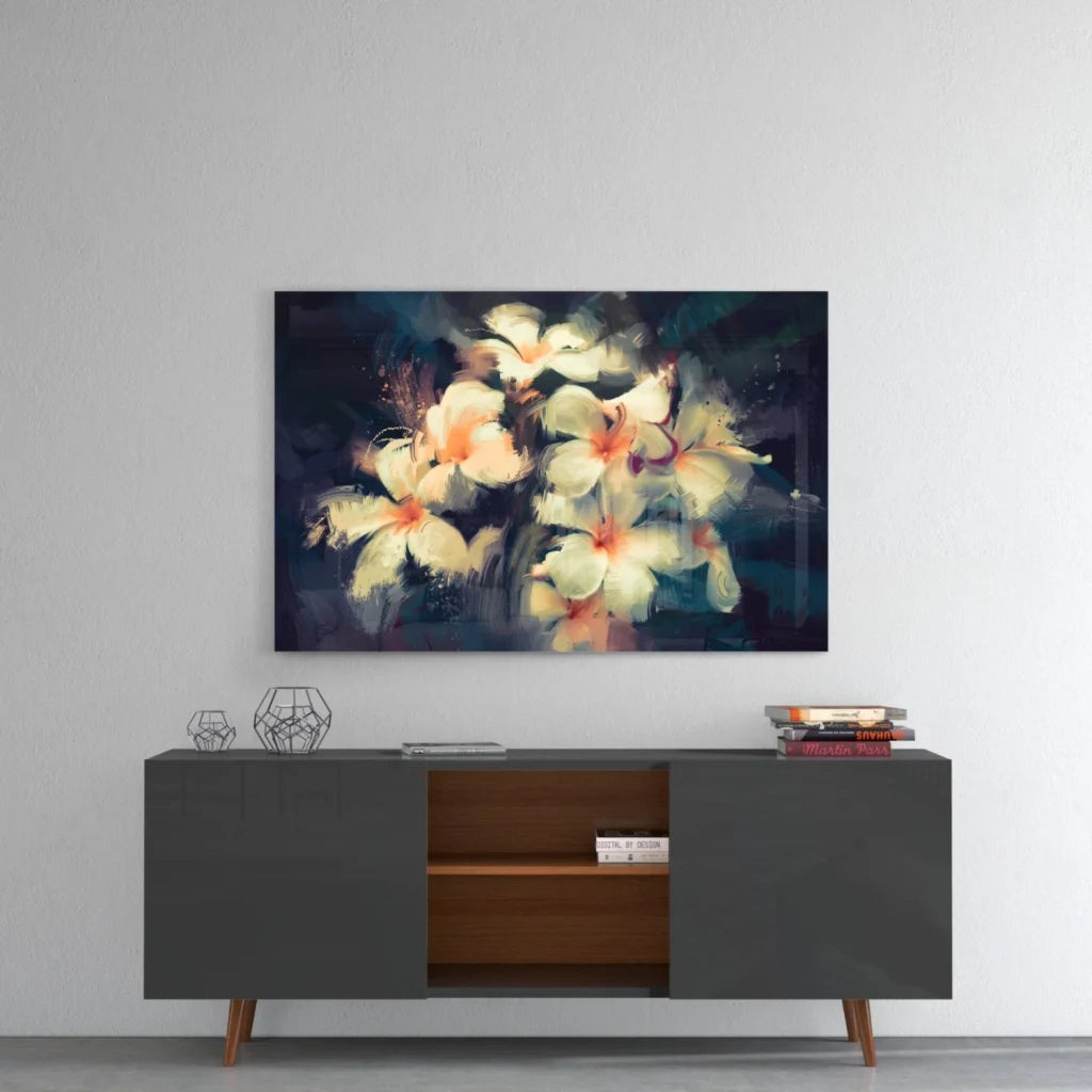 Modern peach blossom navy wall art on gray console