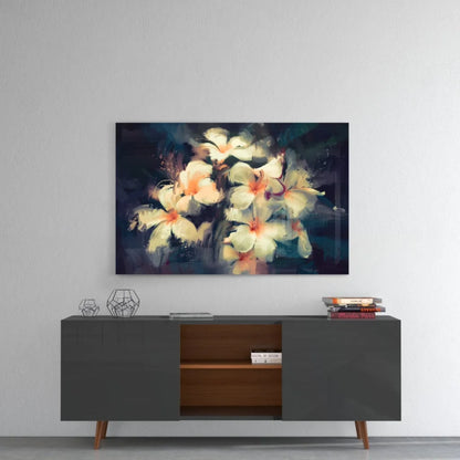Modern peach blossom navy wall art on gray console