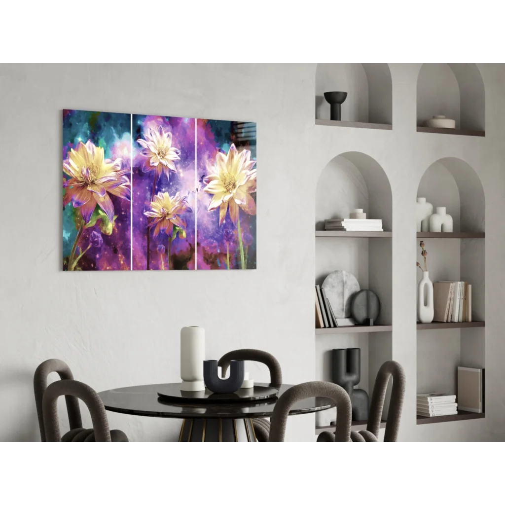 Vibrant cosmic flower triptych wall art in yellow and purple