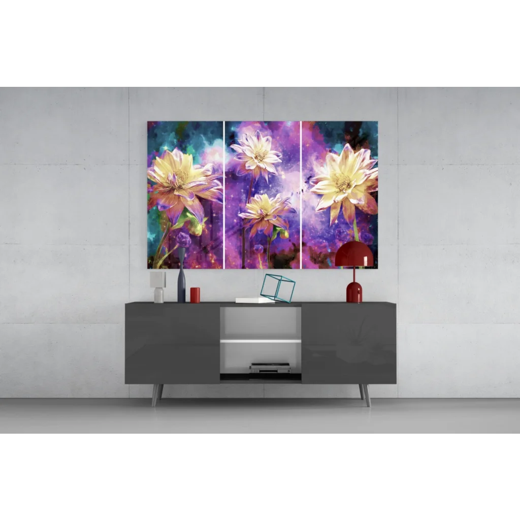 Vibrant cosmic flower triptych wall art in purple and yellow