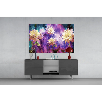 Vibrant cosmic flower triptych wall art in purple and yellow