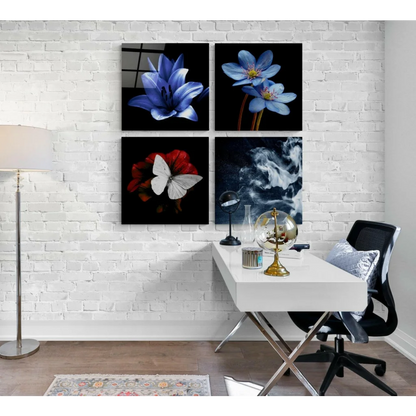 Stunning glass wall art set with vibrant blue flowers and butterfly