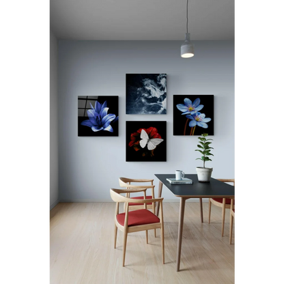 Stunning glass wall art set: 4 black-framed prints with vibrant blue red flowers and white butterfly above dining table