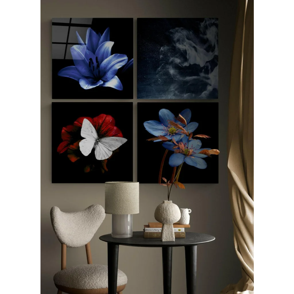 Stunning glass wall art set with vibrant blue lilies, butterfly, and swirls
