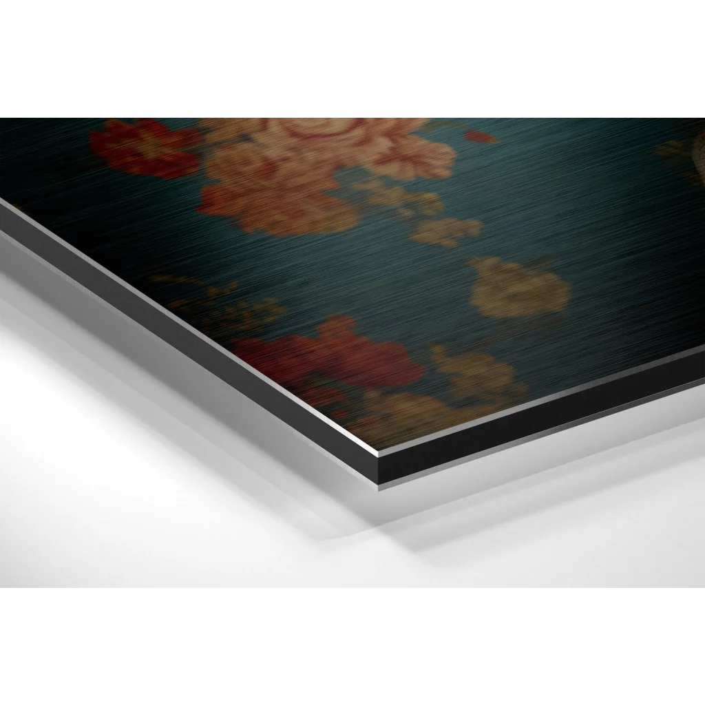 Stunning floral brushed aluminium dibond wall art with peach and red blossoms