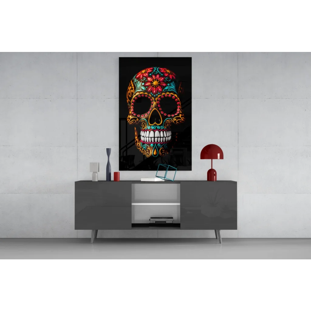 Vibrant sugar skull glass wall art with floral details in reds, blues, gold