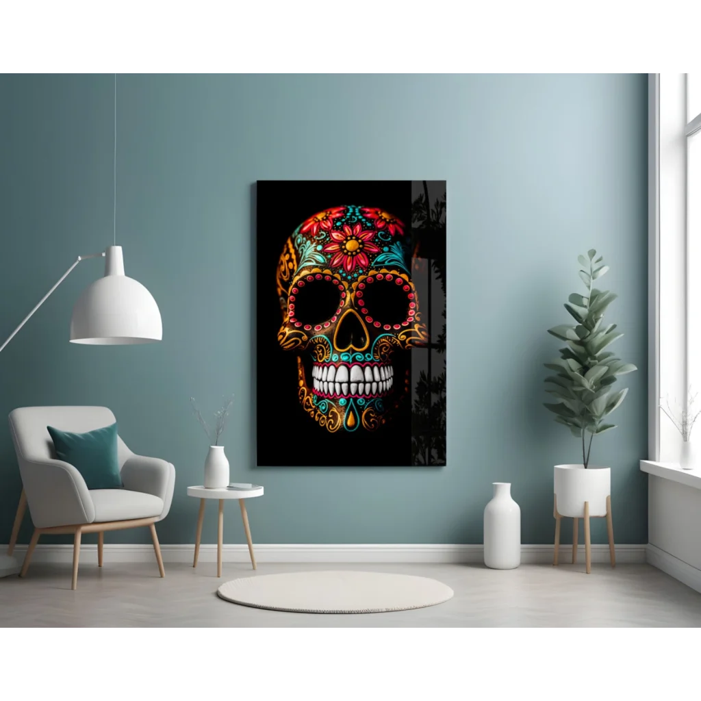 Vibrant sugar skull glass wall art with floral details and bold colors