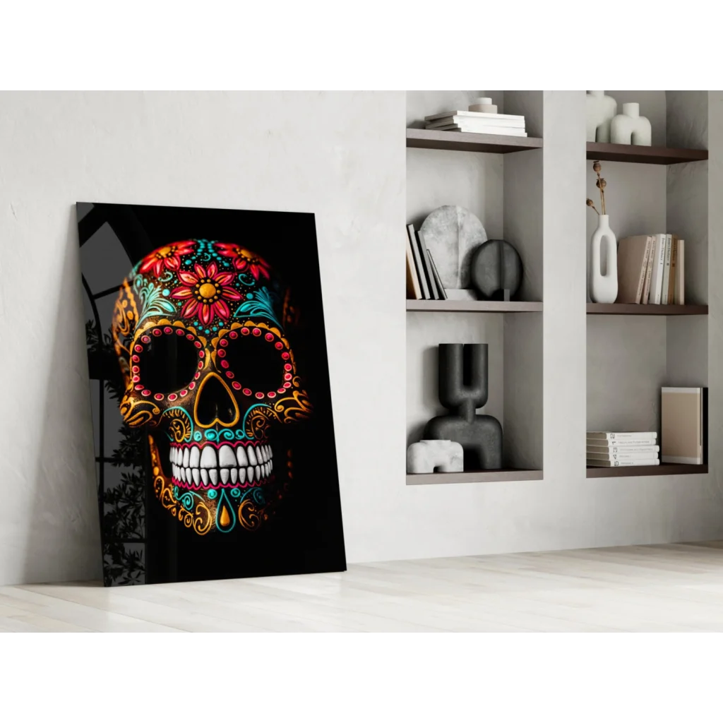 Vibrant sugar skull glass wall art with floral details on black canvas