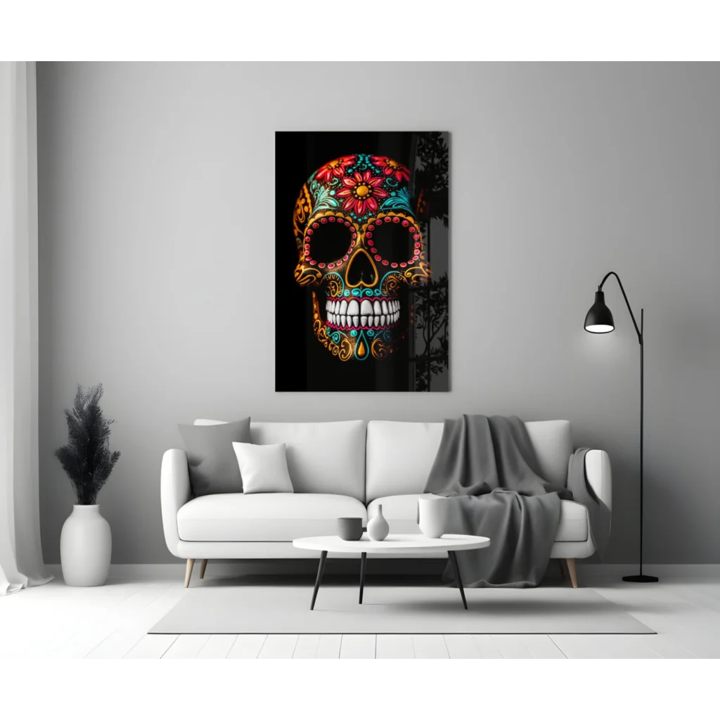 Vibrant sugar skull glass wall art with floral patterns in reds blues golds
