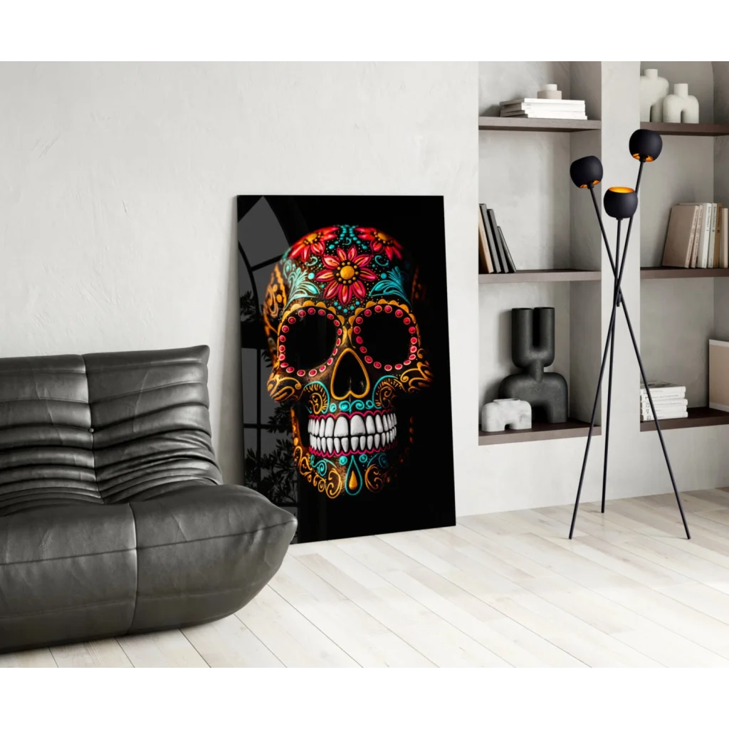 Vibrant sugar skull glass wall art with floral details on black canvas