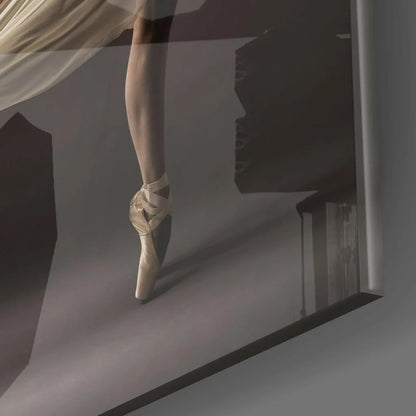 Elegant pointe shoe in white satin lace on flowing ballerina glass wall art