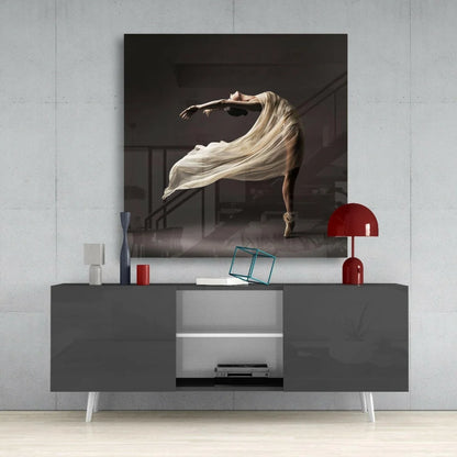 Modern gray sideboard with white legs under Flowing Ballerina glass wall art