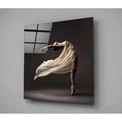 Flowing ballerina glass wall art with white fabric on black background
