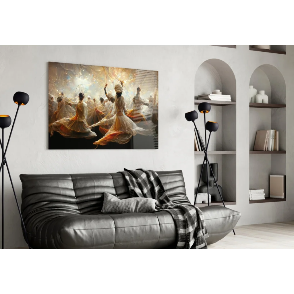 Black leather sofa with checkered throw and Flowing Dancers wall art
