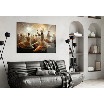 Black leather sofa with checkered throw and Flowing Dancers wall art