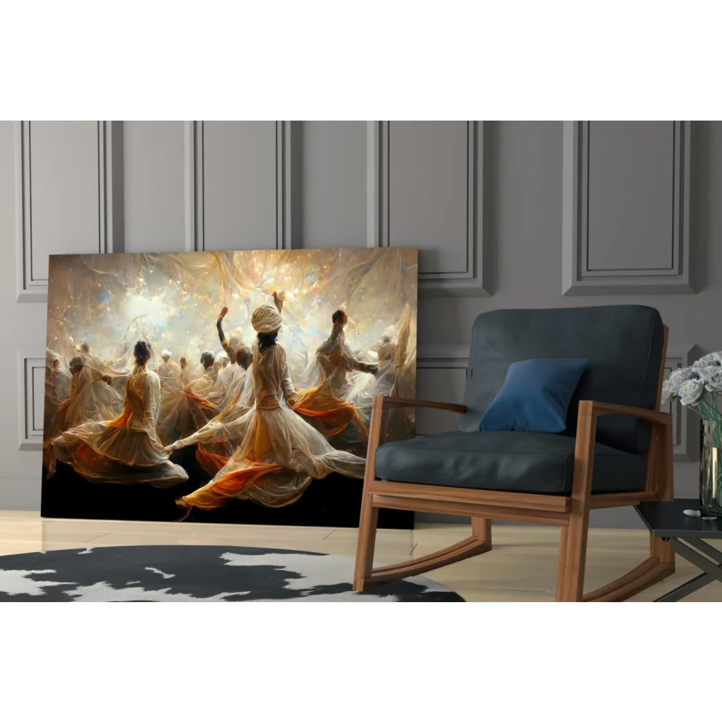 Gold white flowing dancers glass wall art with floral pillow frame