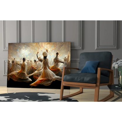 Gold white flowing dancers glass wall art with floral pillow frame