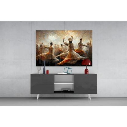 Samsung QLED TV as flowing dancers glass wall art in golden white hues