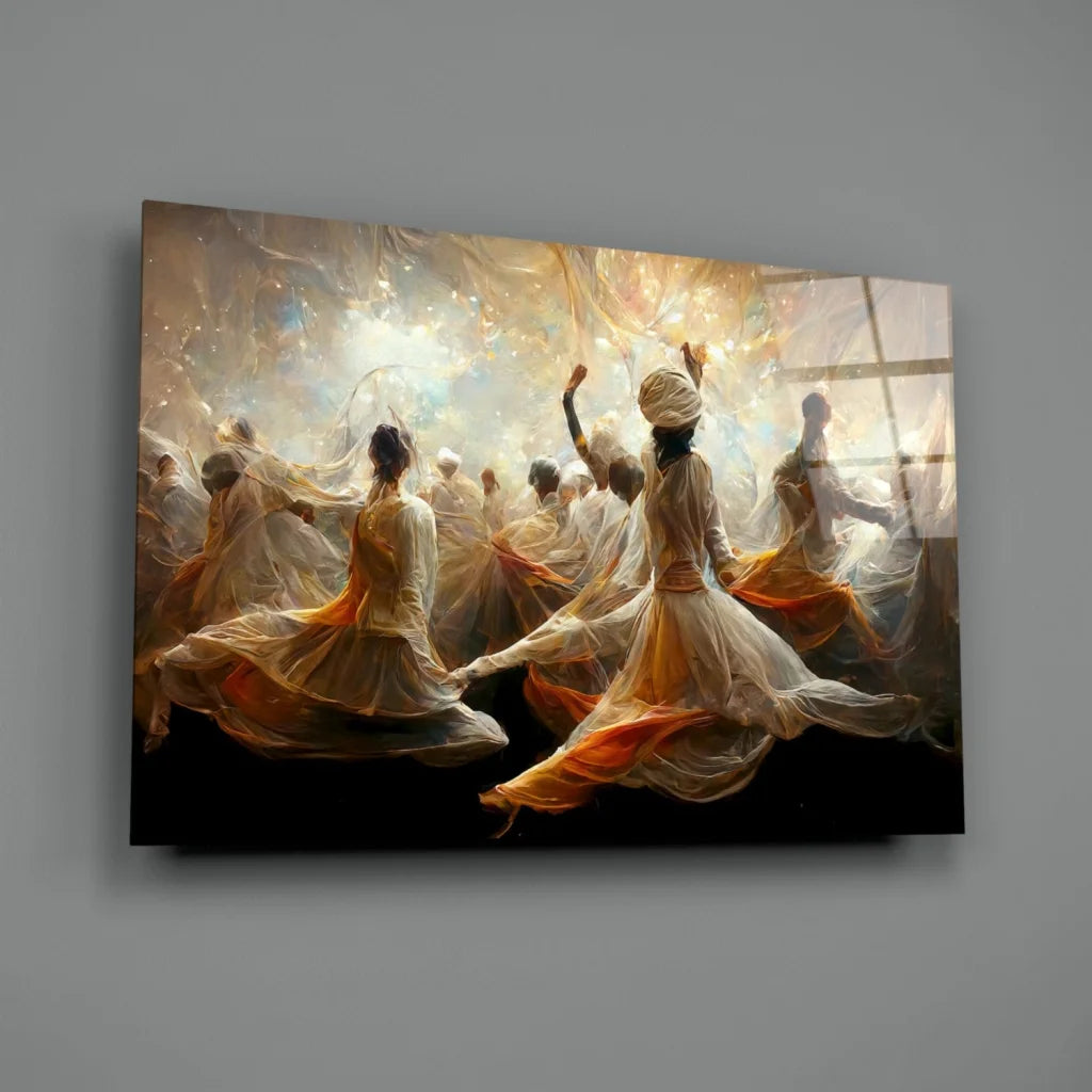 Canvas print of dancers in flowing white and orange garments with ethereal light effects, golden white hues wall art