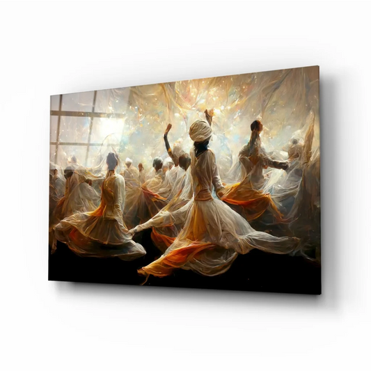 White and orange flowing dancers canvas wall art with turbaned figure
