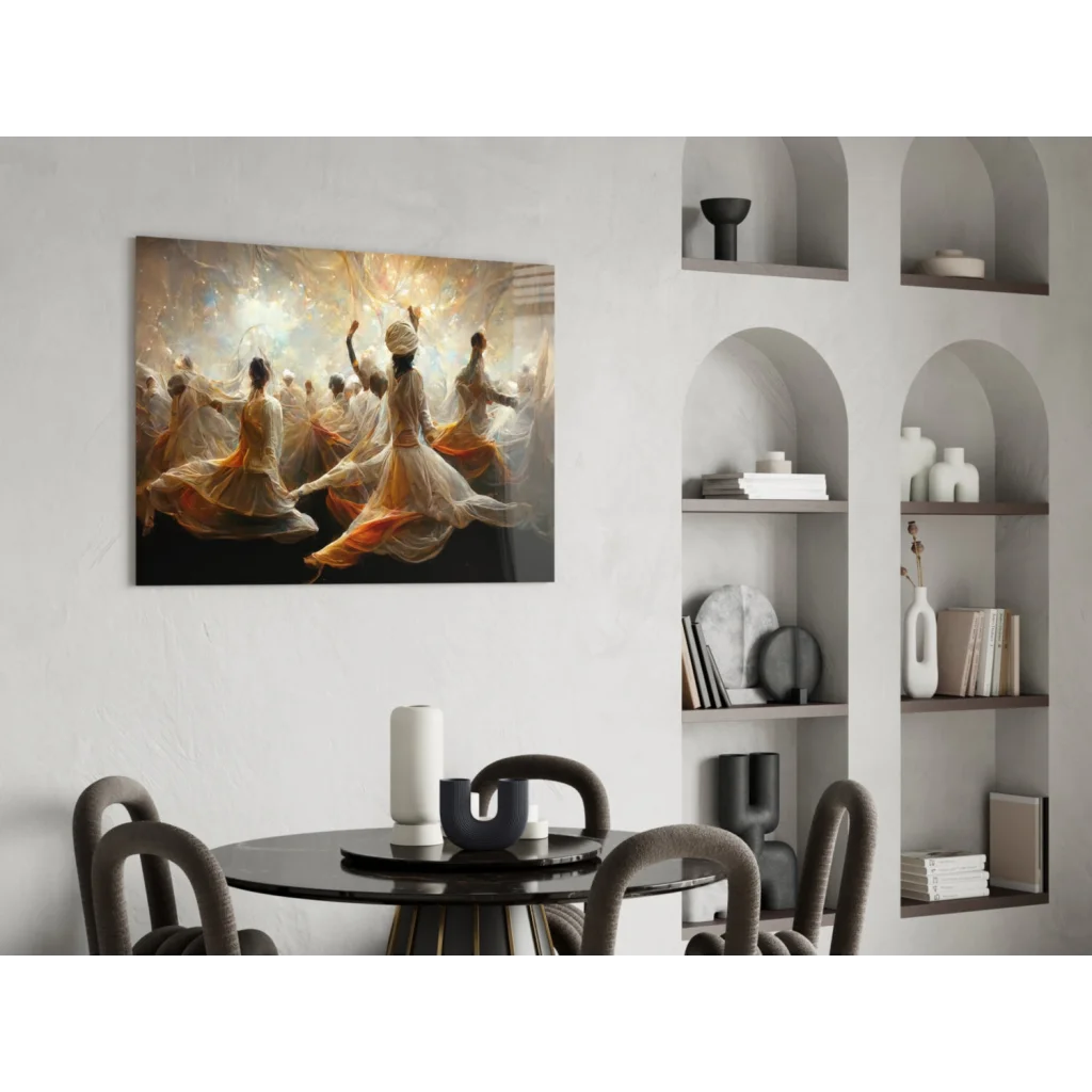 Modern black dining table under Flowing Dancers wall art