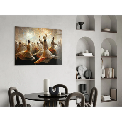Modern black dining table under Flowing Dancers wall art
