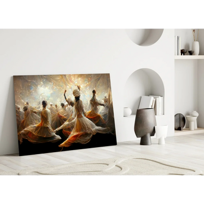Modern abstract canvas wall art of dancing women in golden white hues