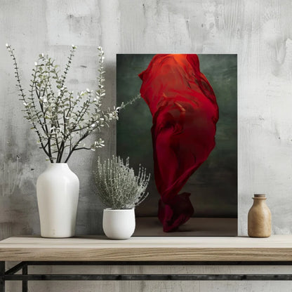 Vibrant flowing red fabric artwork on aluminum print for modern homes