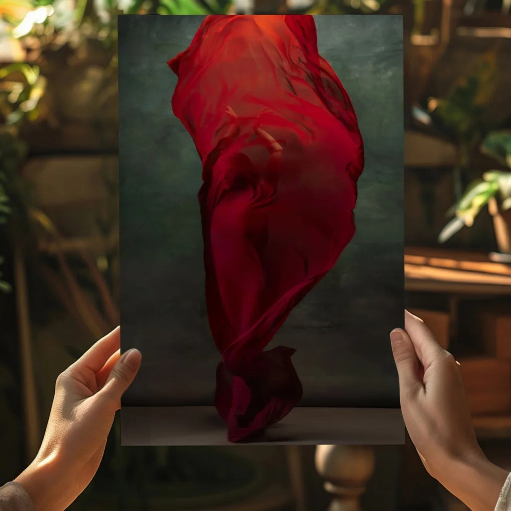 Vibrant red silk fabric flows in sculptural form, aluminum art print for modern homes