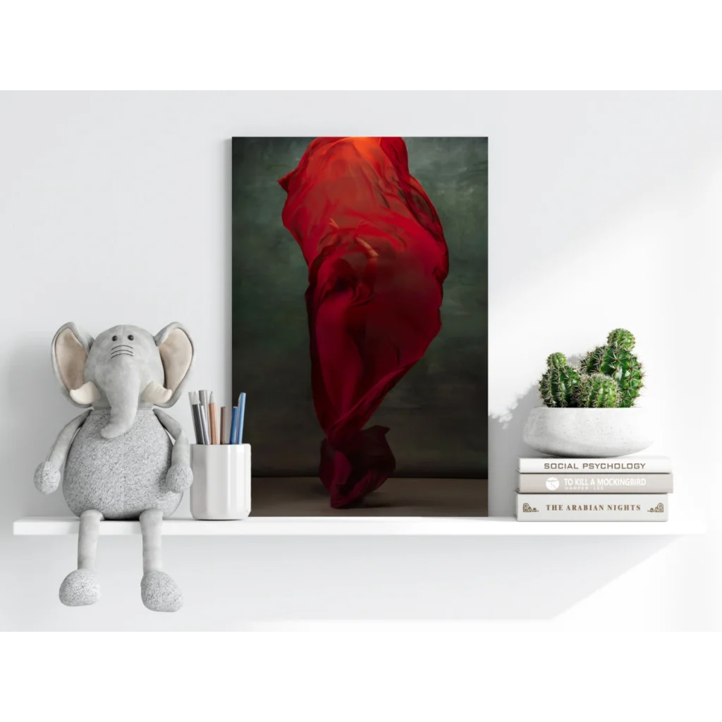 Vibrant flowing red draped garment aluminum art print on dark background