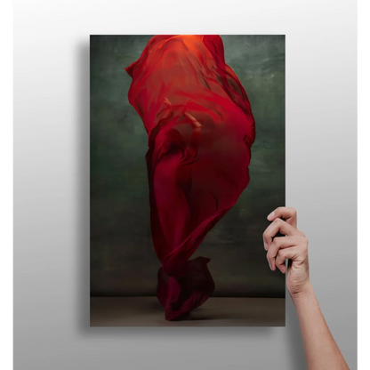 Vibrant red flowing fabric swirl on muted green aluminum art print for modern homes