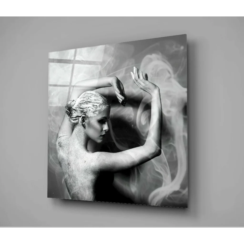 Black and white abstract wall art print of a dancing woman with flowing smoke
