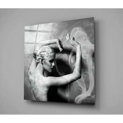 Black and white abstract wall art print of a dancing woman with flowing smoke