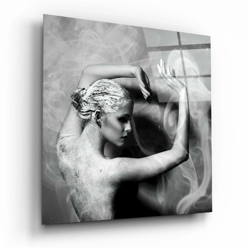 Black and white abstract wall art print of flowing smoke dancer woman