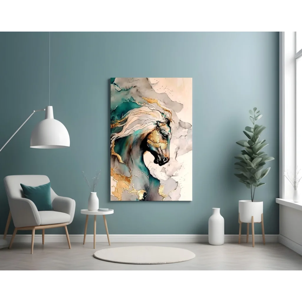 Abstract teal gold horse wall art with flowing mane on canvas