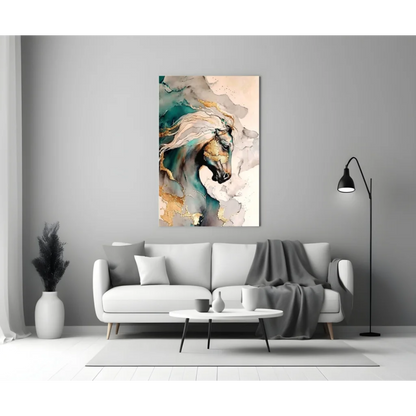 Abstract teal gold horse canvas wall art with flowing cream hues
