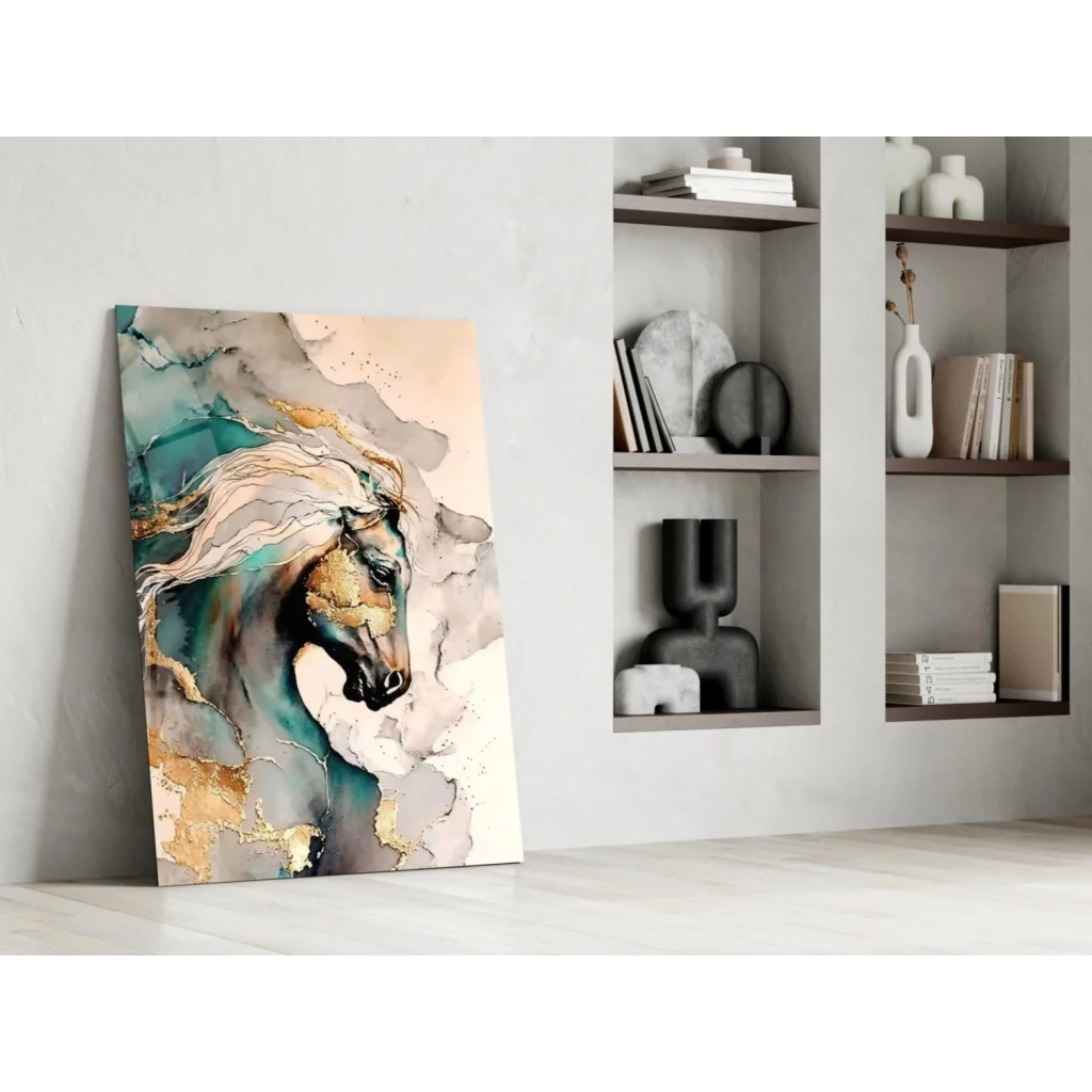 Modern abstract horse canvas wall art in flowing teal gold beige hues