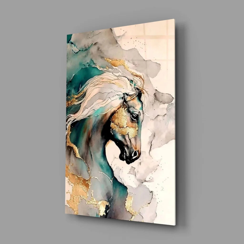 Modern abstract horse with flowing white mane in teal gold gray watercolor wall art